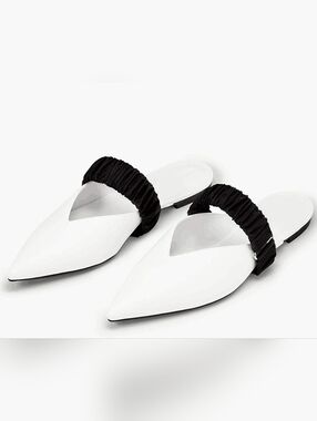 Charles&Keith White Flat Slip Ruffle Black Mule Shoe Sz 36 Eu 6/ 6.5 US